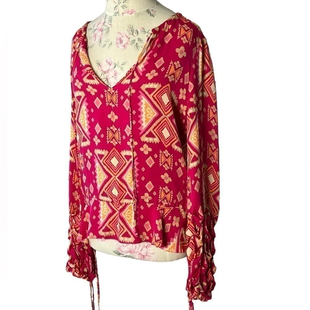 Tory Burch Geometric Silk Long Sleeve Blouse, Pink & Orange, Size 4